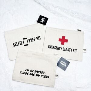 AOA Cream Canvas Makeup Zipper Travel Bags Set of 3 NEW